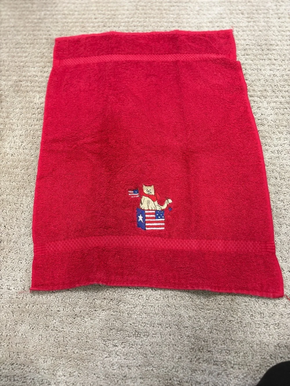 St Mary’s Red Hand Towel with Patriotic Cat Embroidery